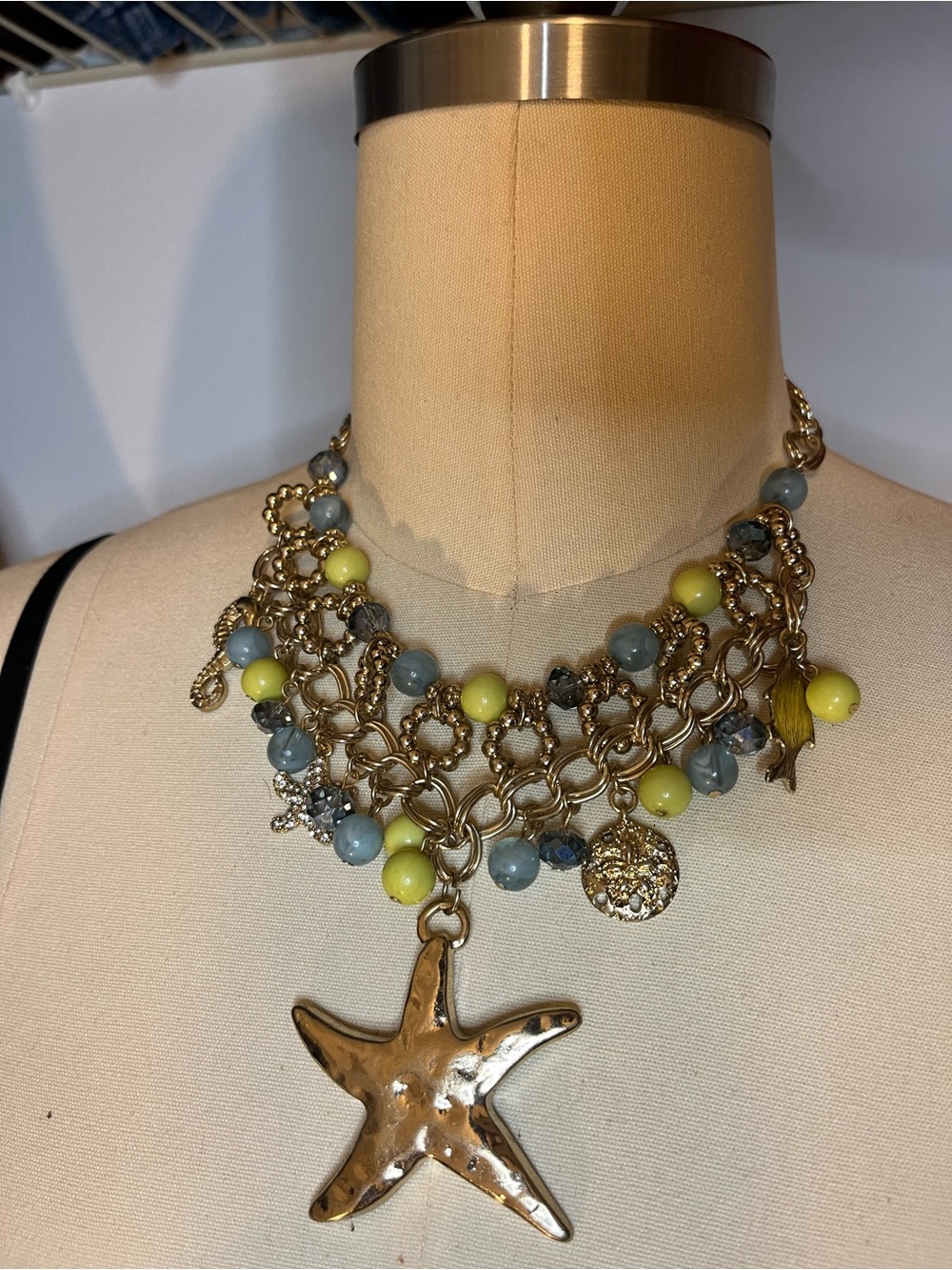 Vintage Gold Tone Starfish Statement Necklace with Yellow and Blue Beads
